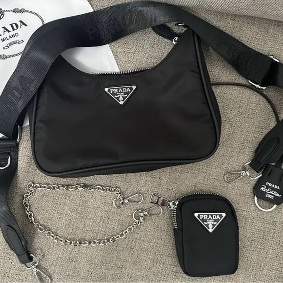 Prada Handbags - Prada logo Black Nylon Shoulder Bag with Accessories